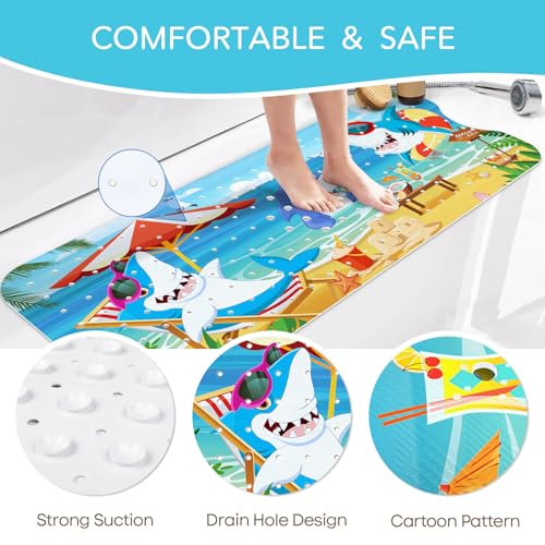 SHUCHING Kids Bath Mat for Tub Non Slip-40 X 16 Inch, Bathtub Mat Non Slip for Baby, Long Shower Mat for Toddler, Shark - color: Shark