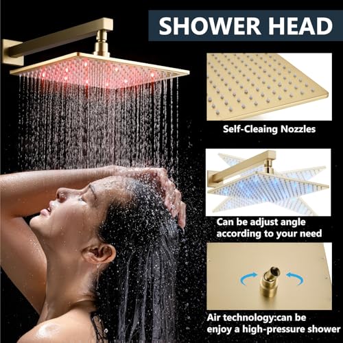 Aolemi Shower Faucet Set with Valve Handheld 10" LED Head Brushed Gold | Handheld Spray,10 Inch Rain LED Head,Valve and Trim Kit,All Metal,Wall Mount Shower System,Bathroom Mixer - color: Gold, size: 10 Inch LED Shower Head