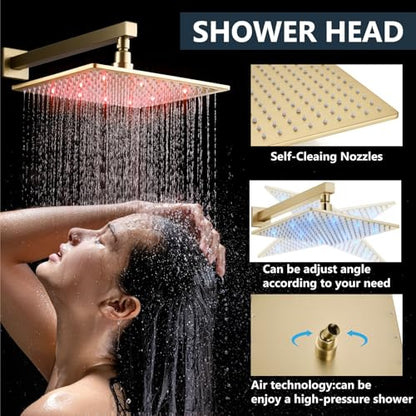 Aolemi Shower Faucet Set with Valve Handheld 10" LED Head Brushed Gold | Handheld Spray,10 Inch Rain LED Head,Valve and Trim Kit,All Metal,Wall Mount Shower System,Bathroom Mixer - color: Gold, size: 10 Inch LED Shower Head