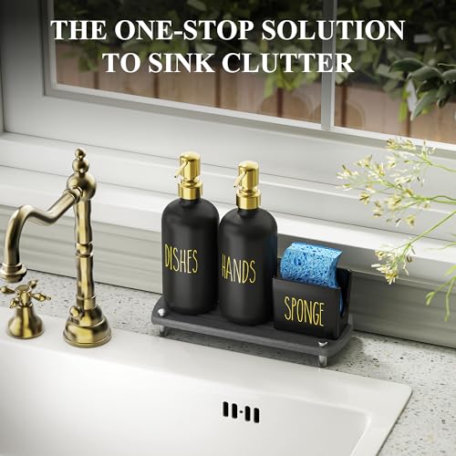 Cisily Kitchen Soap Dispenser Set Comes with Ceramics Sponge Holder, Gold Pumps, and Instant Dry Tray, Hand and Dish Soap Dispenser Set (4, Gold + Black + Sponge Holder) - color: Gold + Black + Sponge Holder
