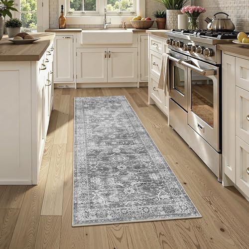 Zeeinx 2x6 Grey Vintage Washable Runner Rugs for Hallway Kitchen | Boho Laundry Rug Low Pile Non-Slip Retro Distressed Long Throw Rug Carpet for Entryway Bathroom Bedroom - color: Grey, size: 2'*6'(Runner)
