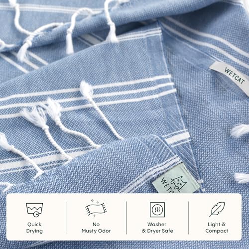 WETCAT Turkish Hand Towels with Hanging Loop, Set of 2 (20" x 30") 100% Turkish Cotton, Pre-Washed, Quick Drying, for Kitchen or Bathroom - Denim Blue - color: Denim Blue