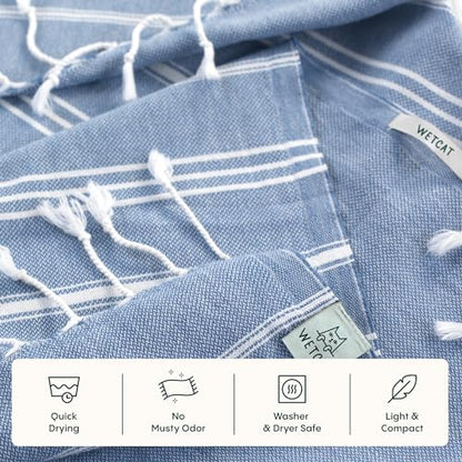WETCAT Turkish Hand Towels with Hanging Loop, Set of 2 (20" x 30") 100% Turkish Cotton, Pre-Washed, Quick Drying, for Kitchen or Bathroom - Denim Blue - color: Denim Blue
