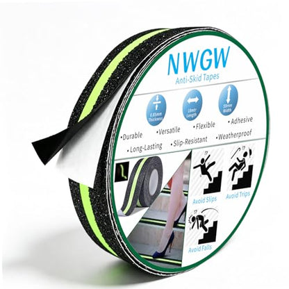 Glow in Dark Anti Slip Tape, 1" x 35FT Heavy Duty Waterproof Safety Grip Tape for Stairs, Pool, Bathroom - Black & Glow Stripe Indoor/Outdoor Multi-Purpose Traction Tape - size: 1 Inch x 35 Feet