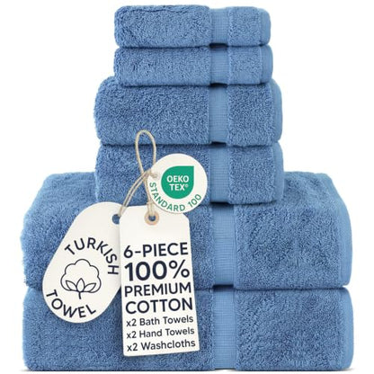 Chakir Turkish Linens 6 Piece Towels Set, 100% Cotton Luxury Turkish Towels for Bathroom, Soft Absorbent Bath Towel Set with 2 Bath Towels 2 Hand Towels 2 Washcloths, Wedgewood - color: Wedgewood