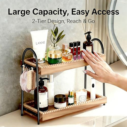 Bathroom Organizer Countertop Tall 2-Tier Waterproof 20+ Bottles 8 Hooks | Tall design for family bathroom/vanity, fits tall perfume/skincare, paulownia wood shelf, 8 hooks keep jewelry tidy, non-slip - color: B-large-black & Light Brown