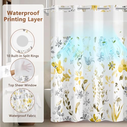 No Hook Watercolor Floral Shower Curtain with Liner, Bathroom Hook-free Shower Curtain and Snap in Liner Set, Farmhouse Waterproof Shower Curtains with Sheer Top Window and Weighted Hem, 71x74 Inches - color: Yellow Wildflower