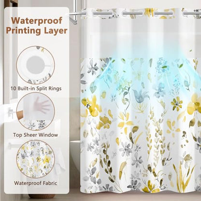 No Hook Watercolor Floral Shower Curtain with Liner, Bathroom Hook-free Shower Curtain and Snap in Liner Set, Farmhouse Waterproof Shower Curtains with Sheer Top Window and Weighted Hem, 71x74 Inches - color: Yellow Wildflower