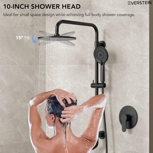 10 Inch High Pressure Rainfall Shower System with Slide Bar, Wall Mount Bathroom Round Shower Faucet Set with Valve, Matte Black - color: Black