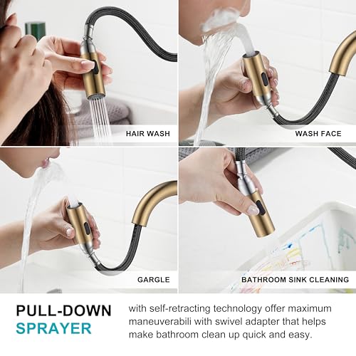 Champagne Bronze Pull Down Widespread Bathroom Faucet 2 Handle 3 Hole | Pull Out Bathroom Faucet with Pop Up Drain & Supply Lines, Lead-Free cUPC & NSF Certified, 8 Inch Faucet for Vanity RV Sink - color: Champagne Bronze