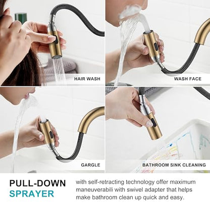 Champagne Bronze Pull Down Widespread Bathroom Faucet 2 Handle 3 Hole | Pull Out Bathroom Faucet with Pop Up Drain & Supply Lines, Lead-Free cUPC & NSF Certified, 8 Inch Faucet for Vanity RV Sink - color: Champagne Bronze