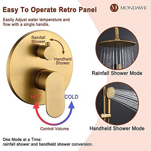 MONDAWE 9 Inch Wall Mounted Shower Faucet Set in Brushed Gold, Rainfall Shower Head with 3-Setting Handheld Spray Shower Set Combo, High Pressure Shower System with Solid Brass Valve - color: Brushed Gold, style: 9 IN - Without Tub Spout