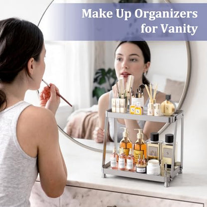 2-Tier Acrylic Bathroom Vanity Organizer, Silver | Bathroom Counter Storage Shelf with Marble-Look Tray, Holds Cosmetics, Perfume, Makeup & Skincare Products - color: Silver
