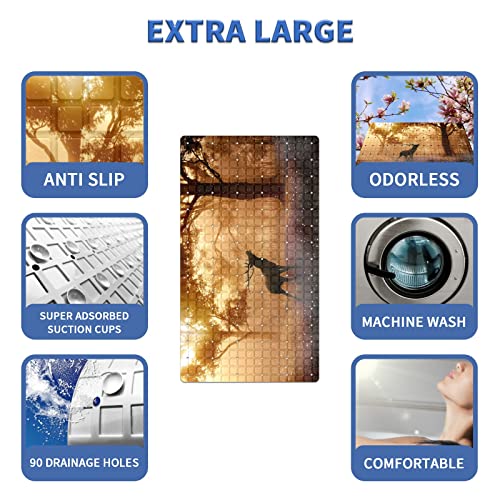 Bath Tub Mat Non Slip Shower Mat Deer Forest Extra Long Bathtub Mat 26.8x15 inches Bathroom Bath Mat with Suction Cups Drain Holes Machine Washable - color: Deer Forest