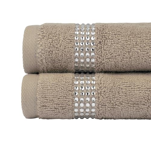 Stripe Fingertip Towel (Set of 2), 100% Turkish Cotton, Glass Rhinestones, 13", Machine Washable, Taupe - color: Taupe
