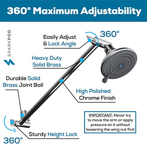 SparkPod 16" Extension Arm, Adjustable Height & Angle, Polished Chrome | Adjustable Height & Angle, Sturdy Lock, Universal Connection, Transform your showers into rain shower experience - color: 1 - Luxury Polished Chrome, style: 16 Inch Adjustable