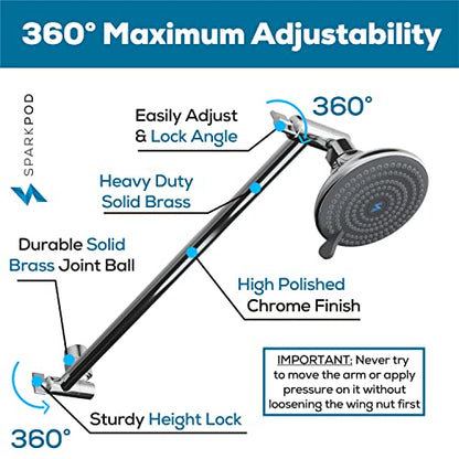 SparkPod 16" Extension Arm, Adjustable Height & Angle, Polished Chrome | Adjustable Height & Angle, Sturdy Lock, Universal Connection, Transform your showers into rain shower experience - color: 1 - Luxury Polished Chrome, style: 16 Inch Adjustable