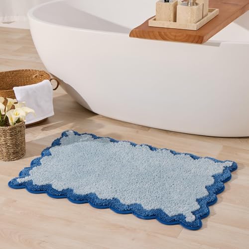 ORTIGIA Cute Blue Scalloped Bath Mat, Fun Plush Microfiber Scallop Bathroom Rugs Non Slip Washable Quick Dry Absorbent, Bathmat Bath Rug Carpet for Shower Stall Vanities Kitchen Floor Entrance, 20x32 - color: Blue, size: 1'8" x 2'8" (Scalloped)