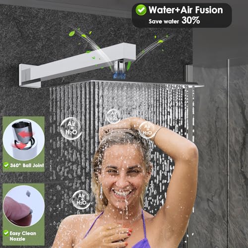 Enga Dual Shower Head System with Body Jets, 12"+ 6" Wall Mounted Dual Rain Shower Faucet with Valve Kit, Chrome - color: Chrome, style: Wall-12"+6"+Jets
