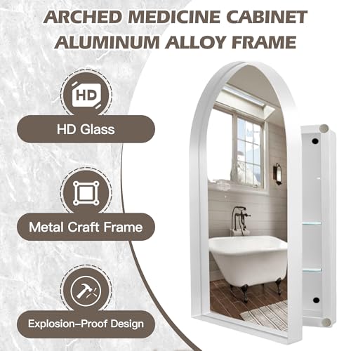 Arched Medicine Cabinet, Recessed Medicine Cabinet Surface Mount Medicine Cabinet with Mirror and Adjustable Shelves Medicine Cabinet Wall Mounted Bathroom Mirror Cabinet, 24x36 Inch (White) - color: White
