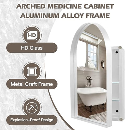 Arched Medicine Cabinet, Recessed Medicine Cabinet Surface Mount Medicine Cabinet with Mirror and Adjustable Shelves Medicine Cabinet Wall Mounted Bathroom Mirror Cabinet, 24x36 Inch (White) - color: White