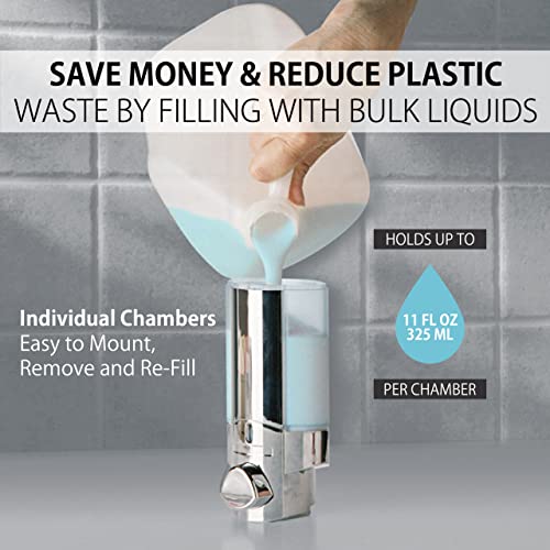 Better Living Aviva Shower Dispenser 3 Chamber,Wall Mount Shower Soap Pump Dispenser for Bathroom Hotel Body Wash,Built-in Hooks,No Drill,Waterproof Shampoo SoapDispenser 3 x 11 oz,Chrome (Pack of 6) - size: (Pack of 6)