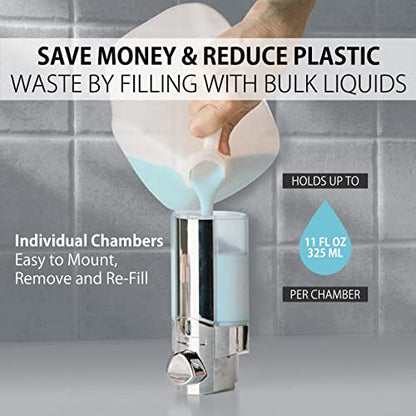 Better Living Aviva Shower Dispenser 3 Chamber,Wall Mount Shower Soap Pump Dispenser for Bathroom Hotel Body Wash,Built-in Hooks,No Drill,Waterproof Shampoo SoapDispenser 3 x 11 oz,Chrome (Pack of 6) - size: (Pack of 6)