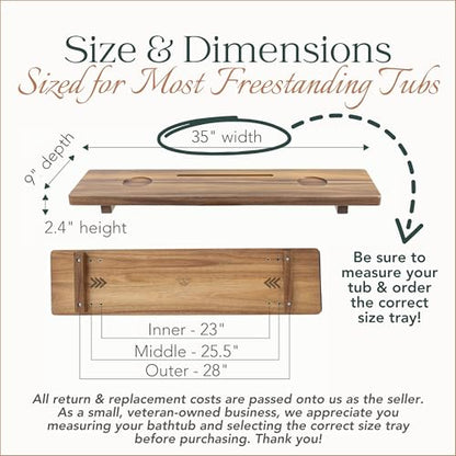 Premium Nature Shed Bathtub Tray for Freestanding Bath | Large & Thick 35” Acacia Wood Luxury Bath Tray for Tub | Anti-Tip, Non-Toxic, Adjustable Bathtub Trays for Tub with Bathroom Accessories Holder - size: Long (35x9x2.4 in)