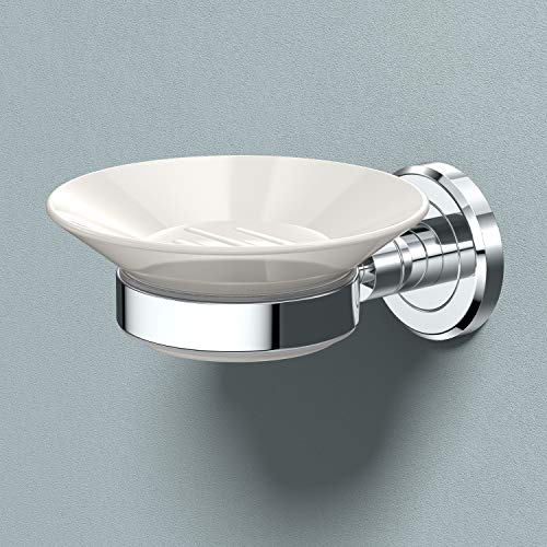Gatco 1940 Latitude II Wall Mounted Porcelain Soap Dish with Chrome Holder, White/Chrome, 2.1" H x 4.31" W x 5.25" D - color: Chrome/White, style: Latitude II