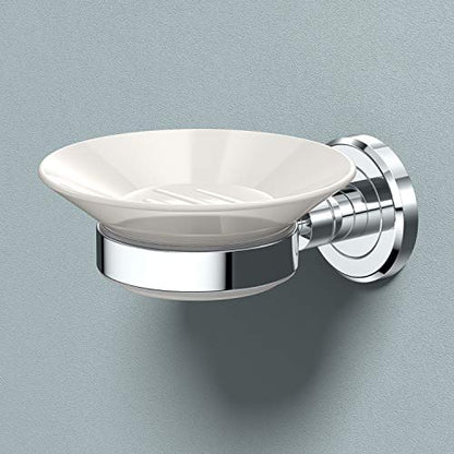 Gatco 1940 Latitude II Wall Mounted Porcelain Soap Dish with Chrome Holder, White/Chrome, 2.1" H x 4.31" W x 5.25" D - color: Chrome/White, style: Latitude II
