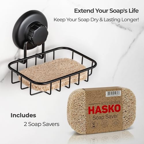 HASKO 2 Pack Suction Cup Soap Dish for Shower Wall, Rustproof Stainless Steel, Shower Soap Holder with Hooks, Includes Optional No Drill Adhesive Mount for Bathroom, 2 Soap Savers, Black - color: Black (2 Pack)