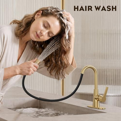 Brushed Gold Tall Bathroom Sink Faucet with Pull Down Sprayer, High Arc Single Handle Pull Out Faucet with Pop-Up Drain, 1 or 3 Hole Laundry Bar Basin Faucet with Deck Plate,WE10CL-ZY-BG - color: Brushed Gold