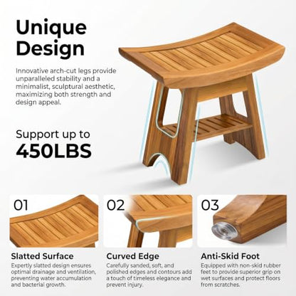 16" Compact Teak Shower Bench Teak Shower Stool Seat Chair with Storage Shelf