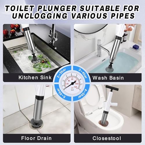 High Pressure Air Drain Blaster, Drain Plunger Equipped with 360° Rotating Elbow/Base High-Pressure Air Plunger Kit for Unclogging Toilets/Sinks/Bathtubs/Floor Drains
