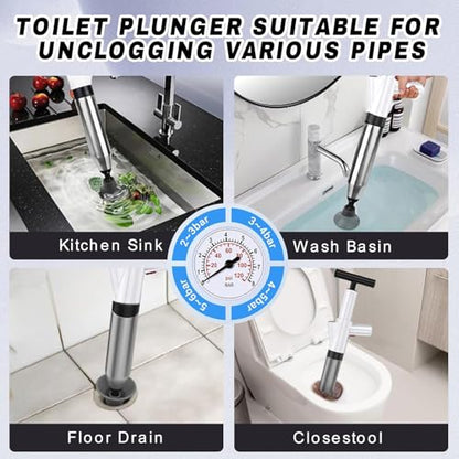 High Pressure Air Drain Blaster, Drain Plunger Equipped with 360° Rotating Elbow/Base High-Pressure Air Plunger Kit for Unclogging Toilets/Sinks/Bathtubs/Floor Drains