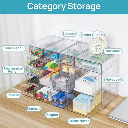 Vtopmart 4 Set Acrylic Desk Organizer with 16 Drawers for Office, Makeup | Clear Storage Drawers for Office Supplies, Desktop Organization for Makeup, Jewelry, Art Crafts, Bead, Pen, Stationary - style: B