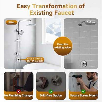 BRIGHT SHOWERS Rain Shower Heads System Including 9 Inch Rainfall Shower Head and Handheld Shower Head with Height Adjustable Holder, Solid Brass Rail and 60" Long Stainless Steel Shower Hose, Chrome - color: chrome plated, size: 2.5 Gallon Per Minute