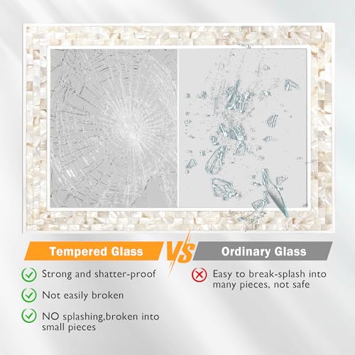 30x40 Inch Large Bathroom Mirror with White Wood Frame | Rectangular Wall Mirror, Handcrafted Mother of Pearl Mosaic Inlay, 3mm Tempered Glass, Horizontal Vertical Wall Mount Decor - size: 40"L x 30"W