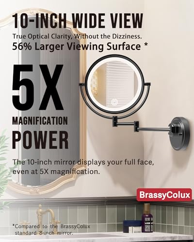 10" Large Brass Wall Mounted Lighted Makeup Mirror with 5X Magnification | 3 Color Touch Dimmable, 2-Sided Bathroom Vanity Extended Swing Arm 360 Rotation, Memory Function, Rechargeable, Matt Black - color: Matte Black