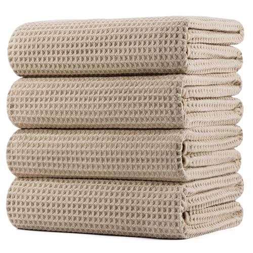 POLYTE 430 GSM Poly Blend Microfiber Quick Dry Waffle Bath Towel, 30x60 in | 4 Pack, Oversize, Lint Free, Body Towel - color: Beige