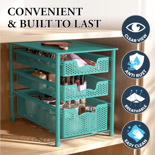 Simple Houseware Stackable 3 Tier Sliding Basket Organizer Drawer, Turquoise (Pack of 2) - color: Turquoise, size: 3-Tier (Pack of 2)