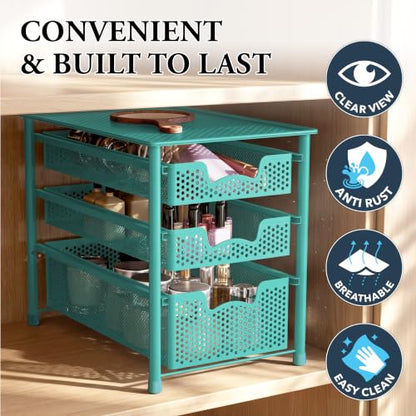 Simple Houseware Stackable 3 Tier Sliding Basket Organizer Drawer, Turquoise (Pack of 2) - color: Turquoise, size: 3-Tier (Pack of 2)