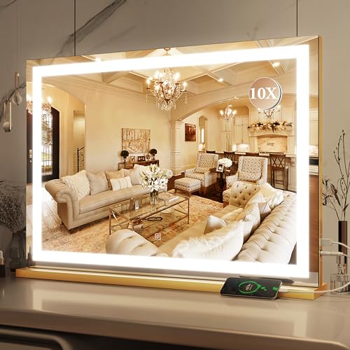ROLOVE Vanity Mirror with Lights, 32" x 22" Large Lighted Vanity Mirror with Dimmable 3 Modes, LED Makeup Mirror, 10X Magnification, USB Charging Port, Tabletop or Wall-Mounted Square Gold - color: Gold, size: 31.5"L x 21.6"W