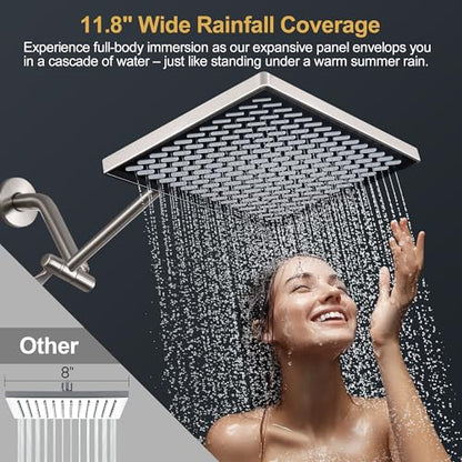 Cobbe Rainfall Shower Head for Bathroom, 11.8 Inch Large Rectangular with Adjustable Stainless Steel 11 Inch Extension Arm - Premium Quality Luxury Experience, No Tools Installation, Brushed Nickel - color: Brushed Nickel