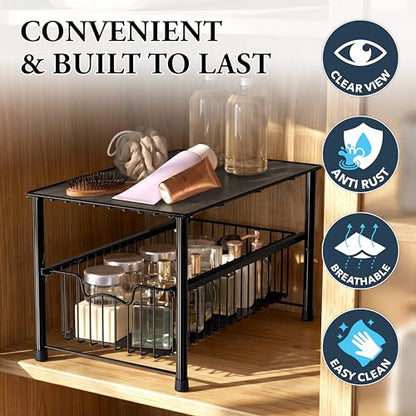 Simple Houseware Wired Stackable Under Sink Cabinet Sliding Basket, Black | Free Standing Organizer Drawer, Kitchen/Pantry/Cabinet/Counter - color: Black