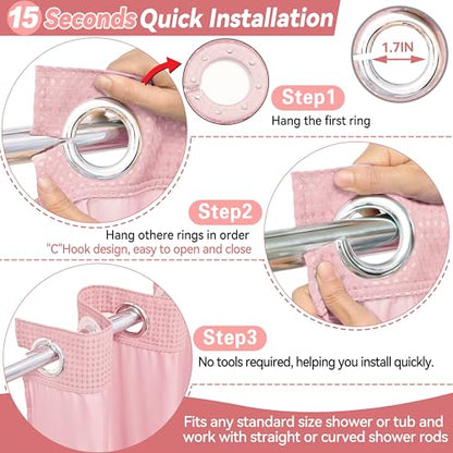 Conbo Mio Extra Long No Hook Waffle Weave Shower Curtain with Snap in Liner Set, Hotel Luxury Pink Shower Curtains for Bathroom with See Through Top Window, Waterproof, Washable 71W x 84H - color: Waffle-pink, size: 71"W x 84"L (Pack of 1)