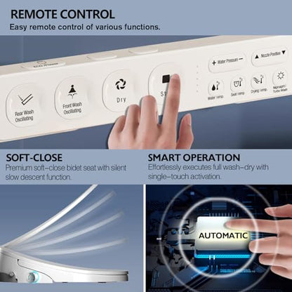 Bidet Toilet Seat with Warm Water Wash, Air Dryer, Heated Seat, Remote Control, LED Display, Self-Cleaning Nozzle, Night Light & Multiple Cleaning Modes (Round)