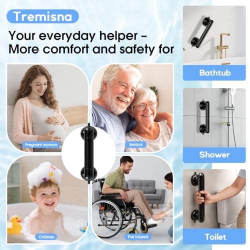1x Grab Bars for Bathtubs and Showers for Seniors Elderly, Waterproof,2nd Generation Upgraded Rubber Suction Cup with Maximum 350 lbs Suction Power, No Drilling (Black)