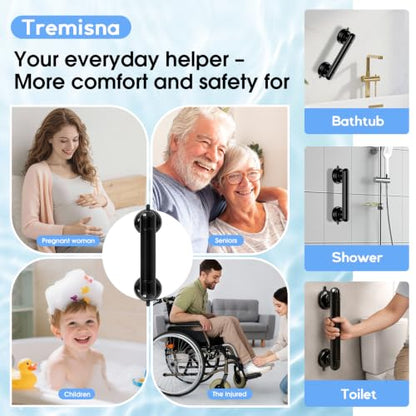 1x Grab Bars for Bathtubs and Showers for Seniors Elderly, Waterproof,2nd Generation Upgraded Rubber Suction Cup with Maximum 350 lbs Suction Power, No Drilling (Black)
