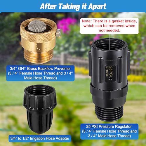 1 PC 25PSI Drip Irrigation Faucet Adapter Kit 1/2" Tubing to 3/4" Faucet | Drip Irrigation Filter with Water Pressure Regulator, Backflow Preventer and Filter for Irrigation of Gardens, Farmlands, etc